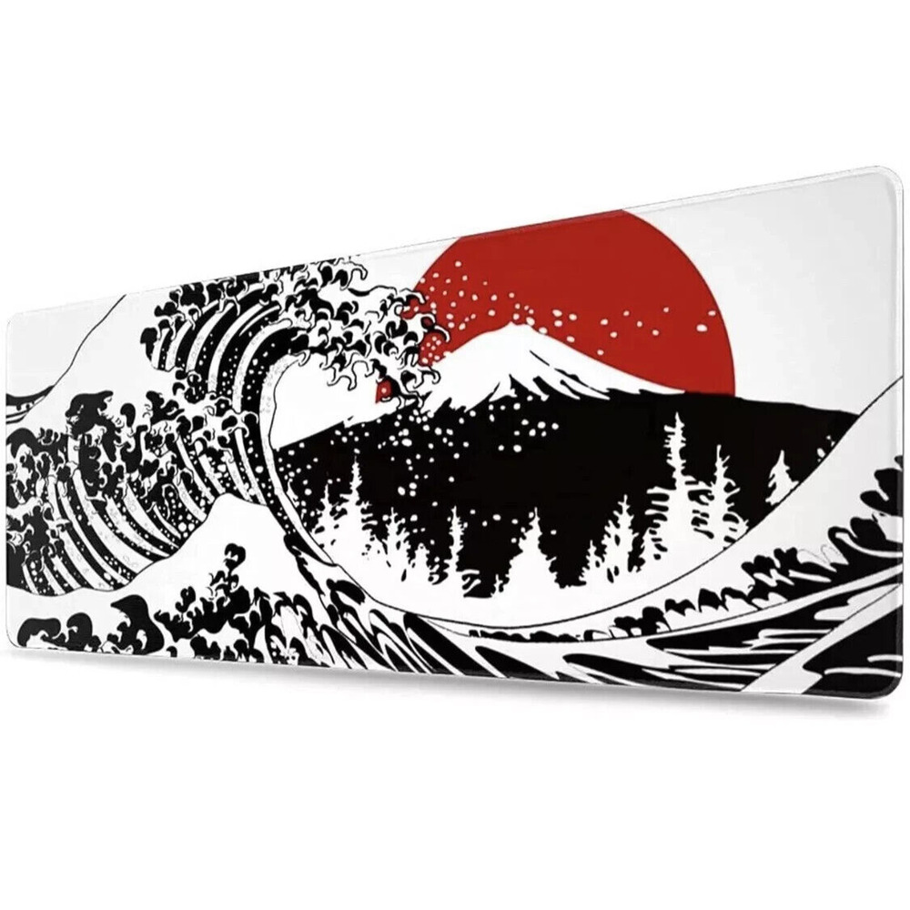 Japanese Black White Wave Red Sun extended gaming desk mouse pad